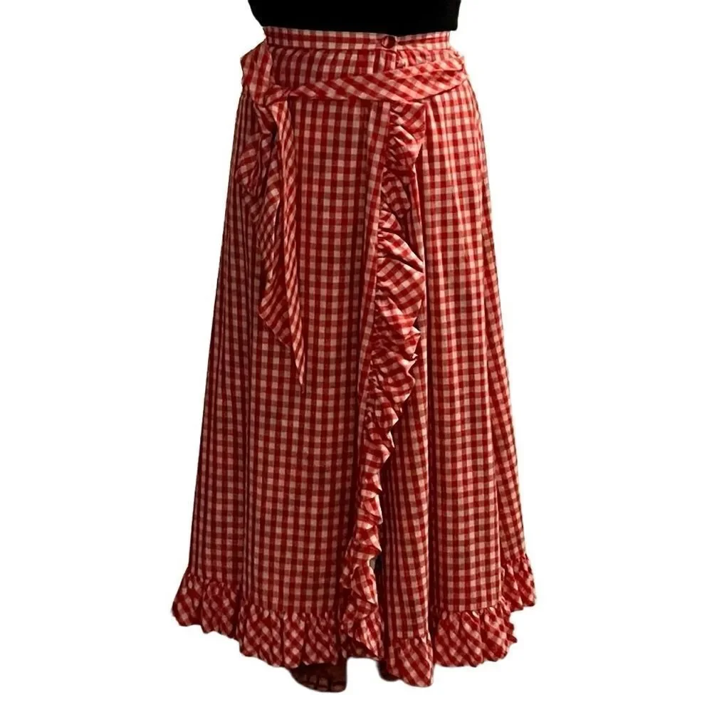 Vtg 70s Red Gingham Plaid Reversible High Waist Ruffle Wrap Full Maxi Skirt L